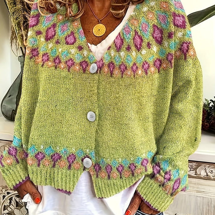 Geneva – Damen V-Ausschnitt-Cardigan mit geometrischem Fair-Isle-Muster