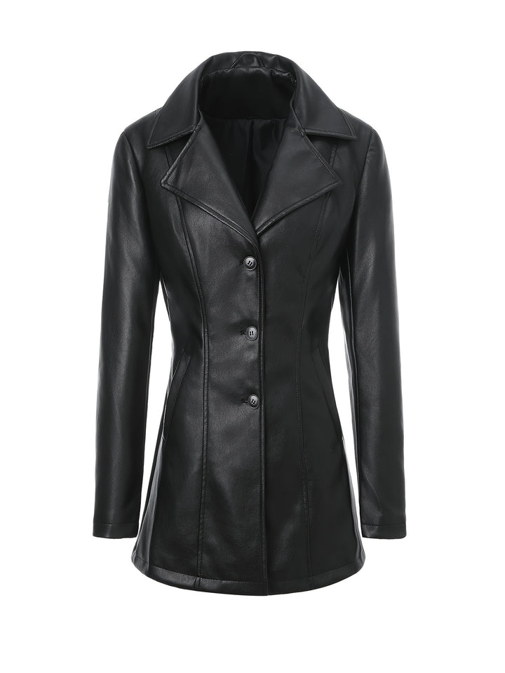Atara – Eleganter PU-Veganer Ledermantel mit Revers & A-Linien-Schnitt