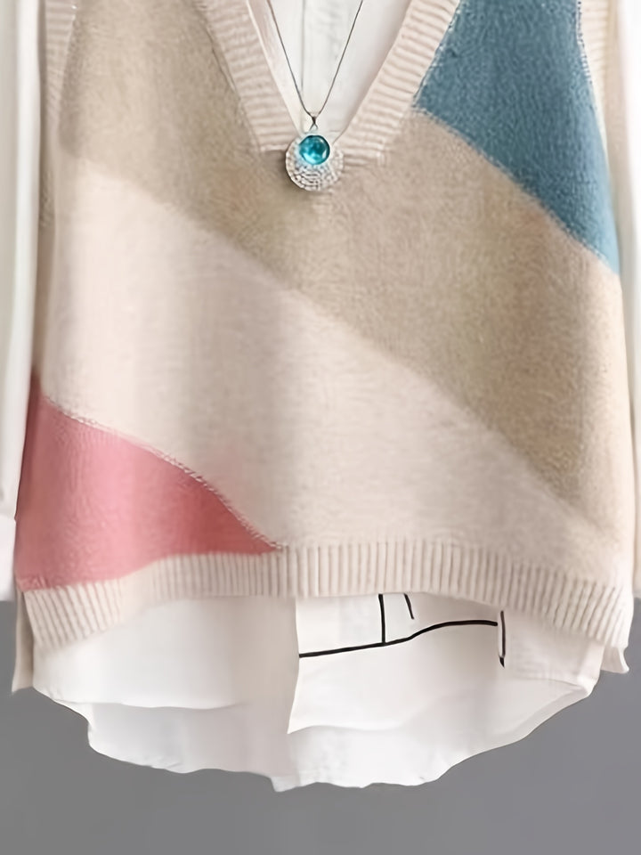 Iva – Vintage Strickweste mit Farbblock & V-Ausschnitt