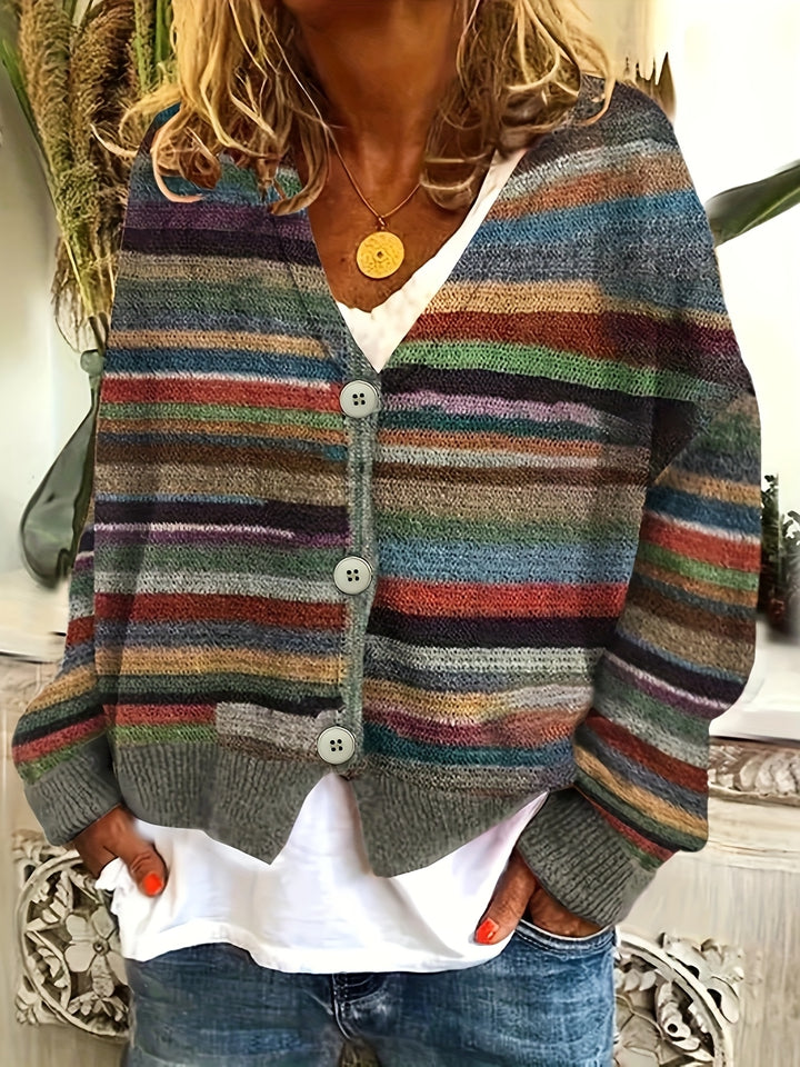 Elenita – Damen V-Ausschnitt-Cardigan mit bunten Streifen und Knopfleiste