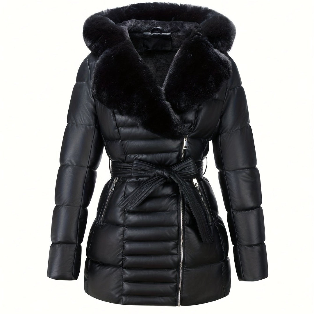 Ingrid – Elegante Damen-Veganer Lederjacke mit Kapuze aus Kunstfell und Gürtel-Detail