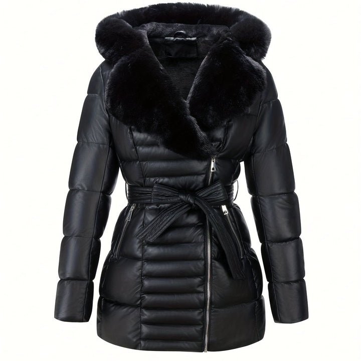 Ingrid – Elegante Damen-Veganer Lederjacke mit Kapuze aus Kunstfell und Gürtel-Detail