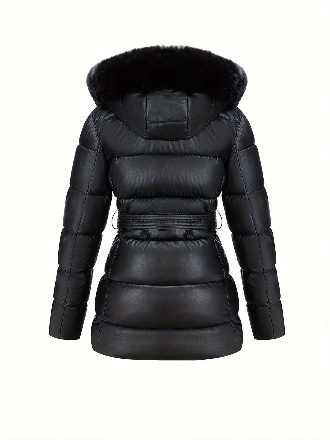 Ingrid – Elegante Damen-Veganer Lederjacke mit Kapuze aus Kunstfell und Gürtel-Detail