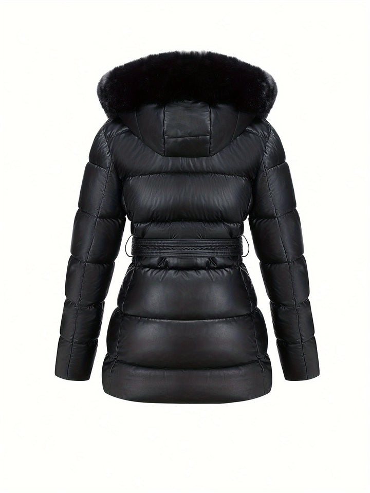 Ingrid – Elegante Damen-Veganer Lederjacke mit Kapuze aus Kunstfell und Gürtel-Detail