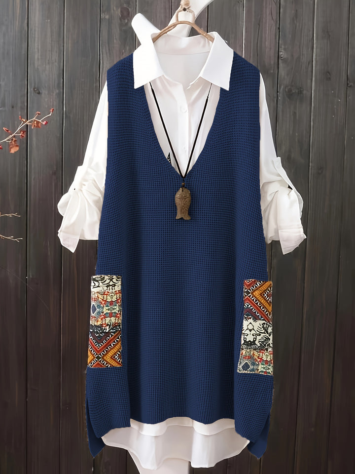 Carolina – Plus Size Strickkleid mit V-Ausschnitt, Farbblock & Taschen