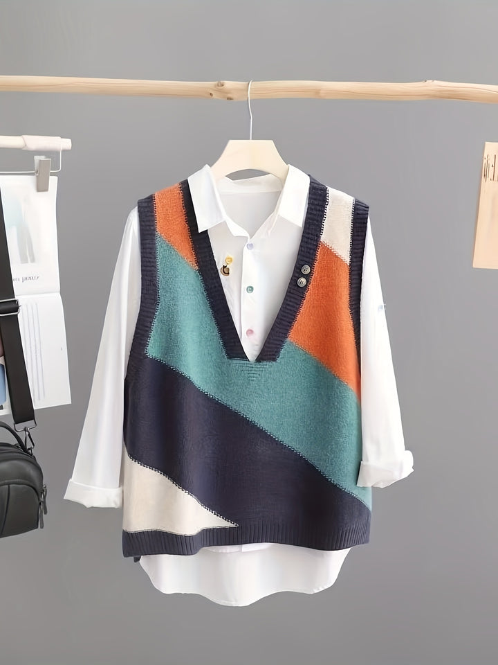 Iva – Vintage Strickweste mit Farbblock & V-Ausschnitt