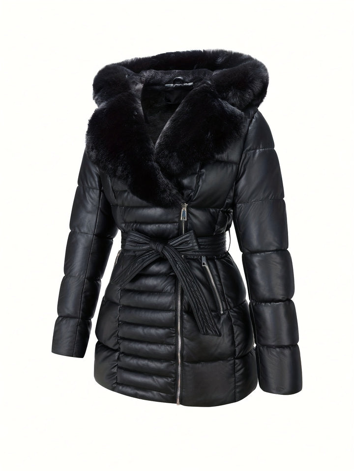 Ingrid – Elegante Damen-Veganer Lederjacke mit Kapuze aus Kunstfell und Gürtel-Detail