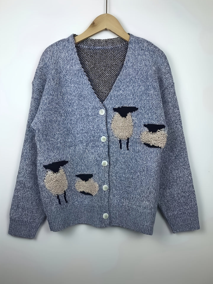 Malaya – Damen V-Ausschnitt-Cardigan mit Schafmuster und Knopfleiste