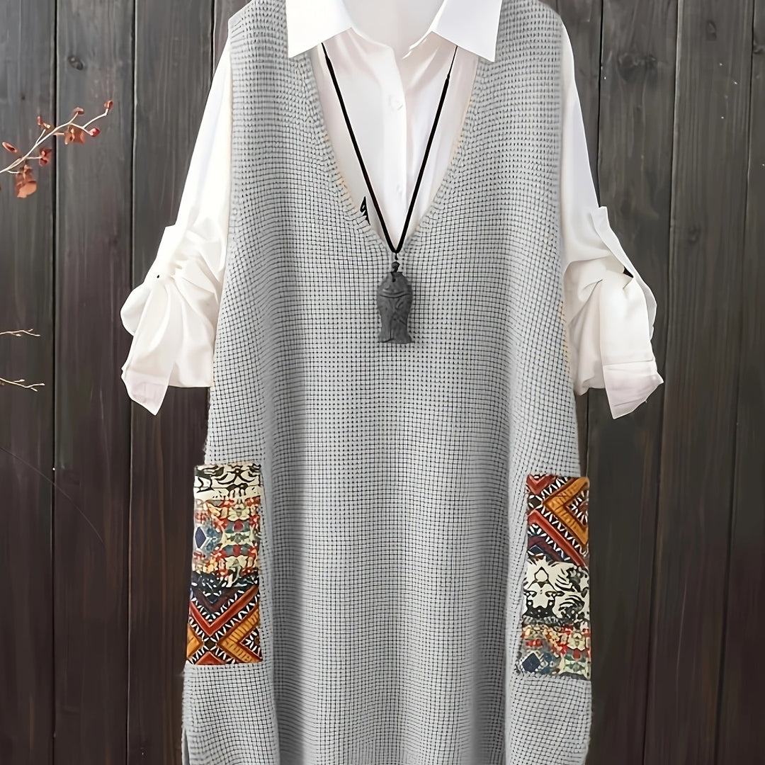 Carolina – Plus Size Strickkleid mit V-Ausschnitt, Farbblock & Taschen