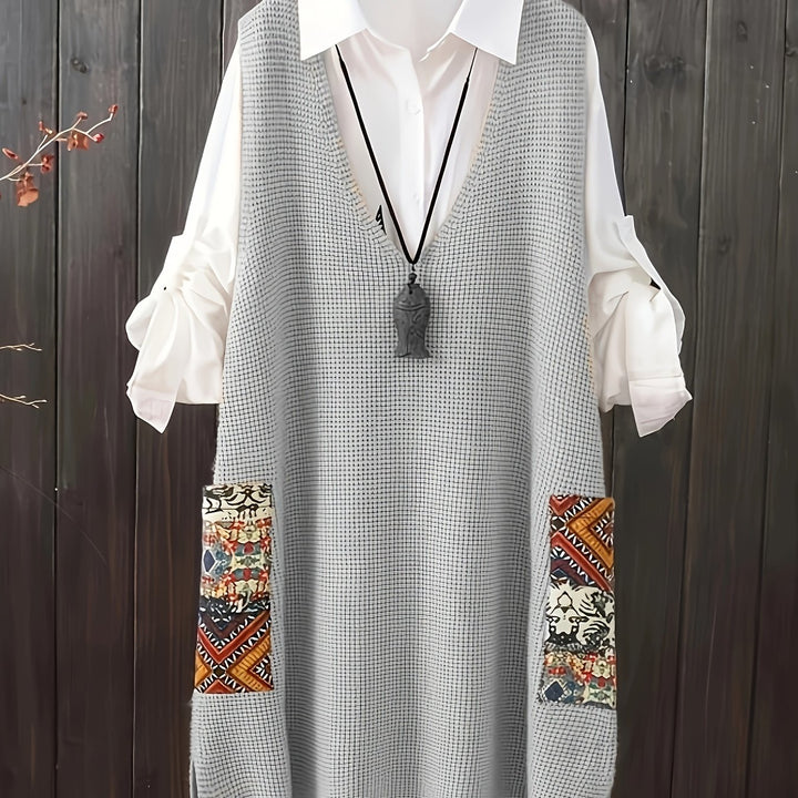 Carolina – Plus Size Strickkleid mit V-Ausschnitt, Farbblock & Taschen