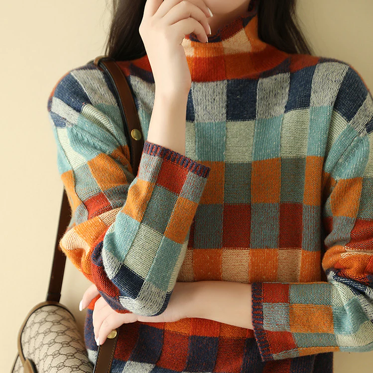 Adalynn | Bunter Rollkragenpullover mit Patchwork-Strickmuster